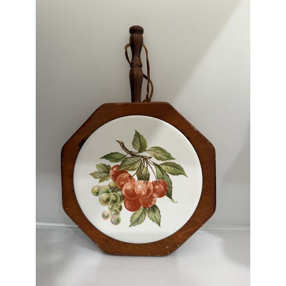 Vintage 1970s Wood Ceramic Tile Trivet Cherries Grapes Fruit Wall Decor Handle